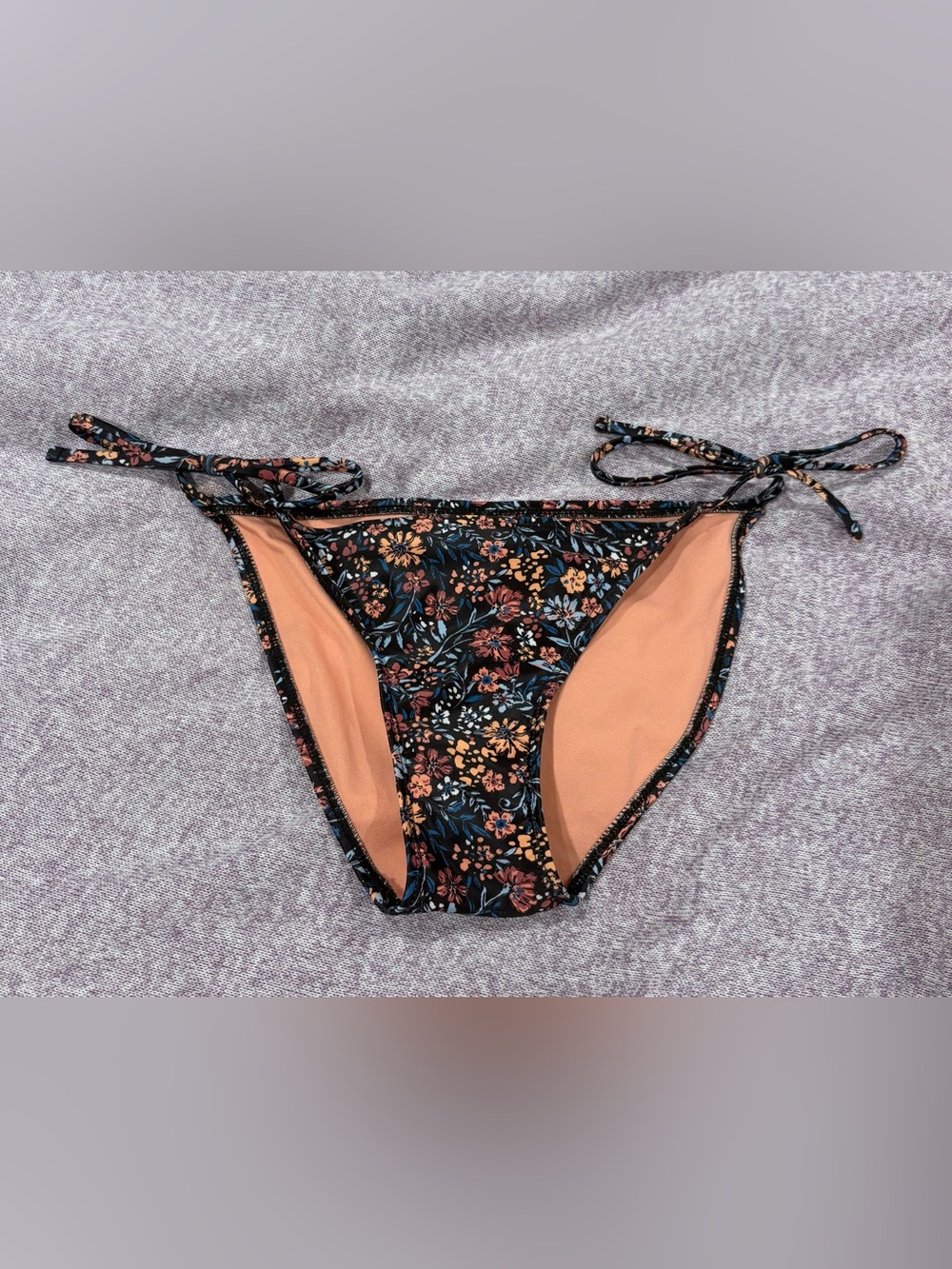 Xhilaration Black Floral Tie-Side Bikini Bottom with Peach Lining